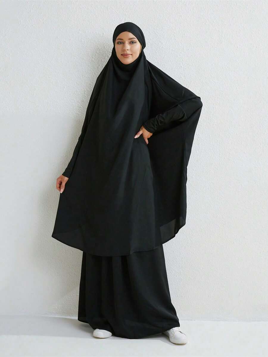 2 件穆斯林女士祈祷长袍套装：1 件纯色经典基本款轻质柔软透气莫代尔面料长头巾 Khimar + 1 件长裙，适合外出、礼拜、朝圣、节庆和聚会 - 黑色 - 查看 1