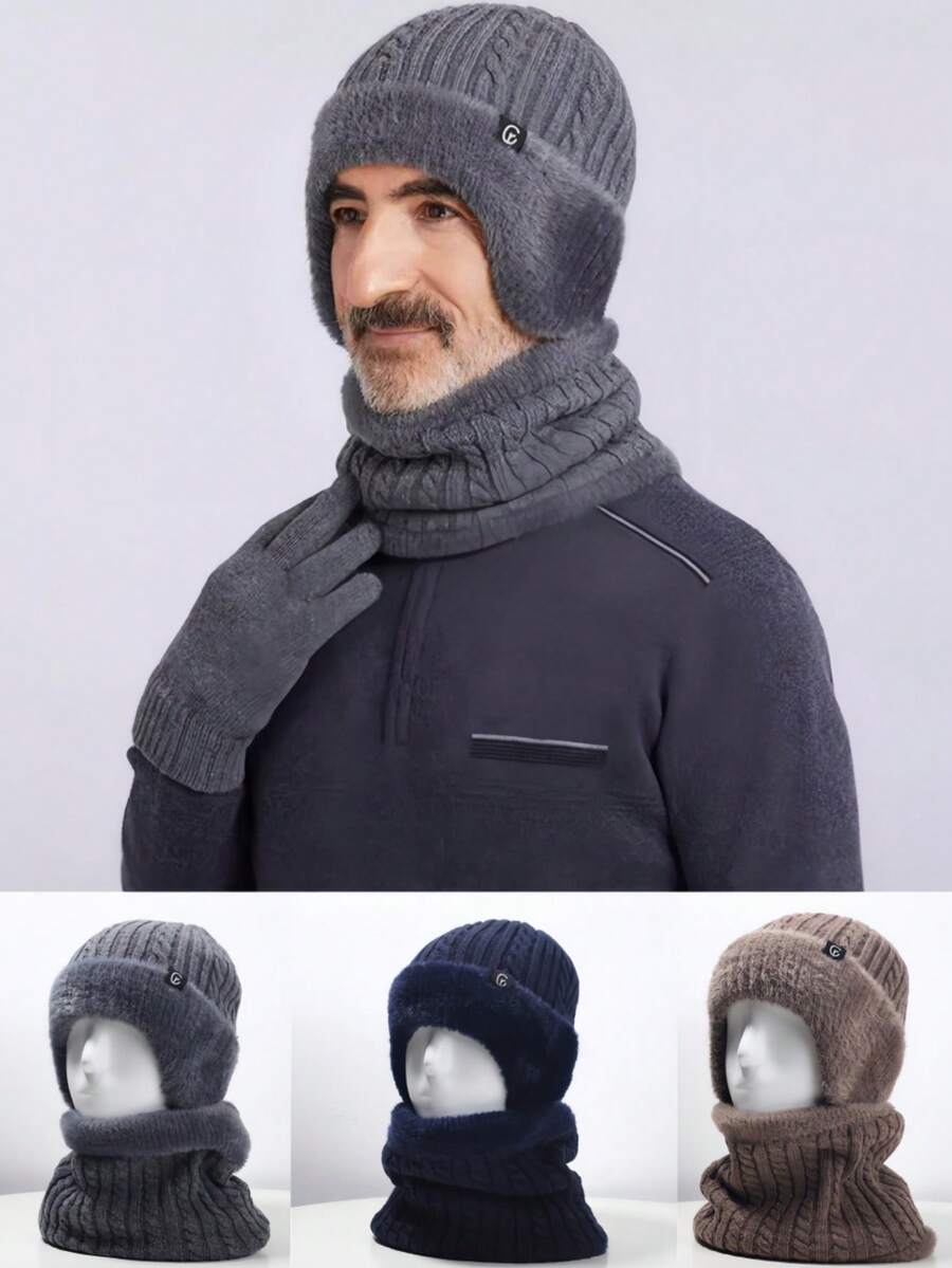 1 bộ Mũ giữ ấm tai xe đạp dày cho nam, Mũ mùa đông cho người già có lớp lót giữ nhiệt, Mũ len ấm áp + Khăn quàng cổ cho nam giới lớn tuổi, Quà tặng Giáng sinh, Lễ tạ ơn, Năm mới - Nhiều màu - Xem 1