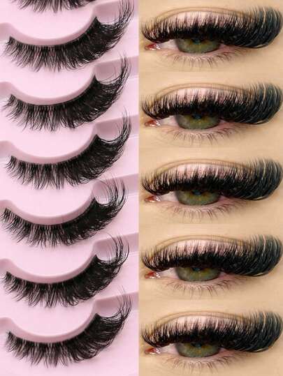 GROINNEYA 7 paires de nouveaux cils en forme d'œil de chat, naturels et longs avec un bandeau transparent. Cils allongés aux extrémités ailées, faux cils en poils de vison. Maquillage (XF10) Bandes de cils, cils, faux cils