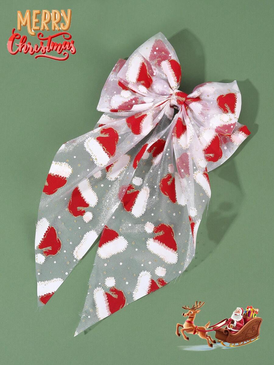 1 Stück Weihnachts-Muster Haarclip, geeignet für Mädchen, Weihnachtsmütze Schleifen Schwanz Haarclip, große durchsichtige Schleife Haarclip, Mesh Matrosen Französisch Haarclip, Weihnachtsparty Mädchen Schleife Haarclip, Teenager Haaraccessoires - Verschiedenfarbig - Übersicht 1