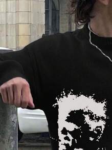 Áo len nam Andreilee họa tiết chân dung và chữ cái, kiểu dáng rộng rãi, cổ tròn, tay dài, đa năng và ấm áp cho mùa xuân, thu và đông. - màu đen - Xem 3