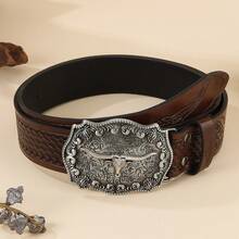 1 件通用西部牛仔扣腰带，印有复古波西米亚风图案，休闲 PU 皮革带铆钉，时尚，适合日常搭配牛仔裤 - 咖啡棕 - 查看 5
