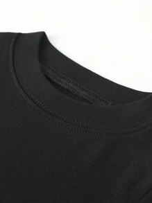 2pcs Girls Thick Solid Black Long Sleeve Top And Pants Set, Snug Fit, Warm Winter Pajamas