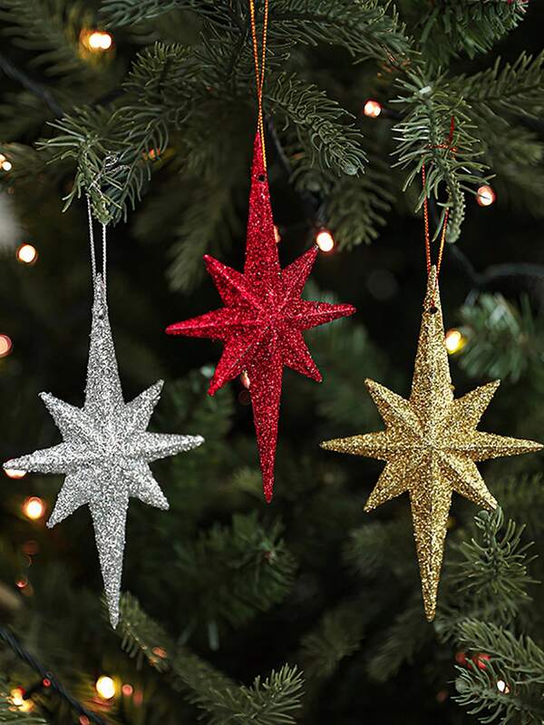2pcs Gold Glitter Star Ornaments Christmas Tree Pendant,Mini Hanging Stars Plastic Christmas Decorations Plastic Festive Embellishments For Holiday Parties Weddings Home Decoration