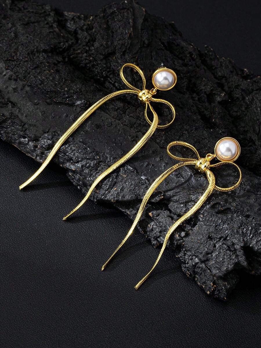 1 cặp bông tai ngọc trai giả dạng nơ chuỗi vàng thiết kế cổ điển thanh lịch, bông tai dự tiệc thời trang cao cấp sang trọng cho mùa thu/đông - Vàng - Xem 1