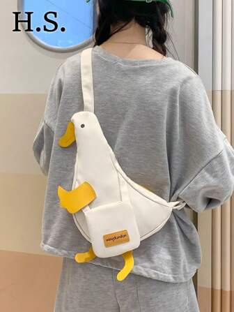 1 pieza Bolso bandolera blanco con diseño de pato bonito y de moda, cierre con cremallera, bolso de hombro mini con estilo de dibujo animado único, para chica campus fresca