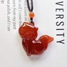 1 Pieza Colgante de collar con cristal de ágata natural en forma de zorro, gatito, chakra de moda, joya guardiana de la paz, tallado a mano, para hombres y mujeres, con significados de paz, riqueza, suerte, felicidad familiar. Apropiado como regalo familiar, navideño u otros días festivos. (Opcionales: cordón, caja de regalo)