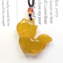 1 Pieza Colgante de collar con cristal de ágata natural en forma de zorro, gatito, chakra de moda, joya guardiana de la paz, tallado a mano, para hombres y mujeres, con significados de paz, riqueza, suerte, felicidad familiar. Apropiado como regalo familiar, navideño u otros días festivos. (Opcionales: cordón, caja de regalo)