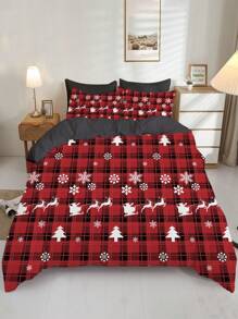 3 Stücke Bettwäsche-Set mit Weihnachts-Motiv, karierter Hirsch Schneeflocke Bettwäsche-Set, weich, komfortabel und atmungsaktiv, für Schlafzimmer und Gästezimmer Dekoration (1*Bettbezug + 2*Kissenbezüge, ohne Füllung)