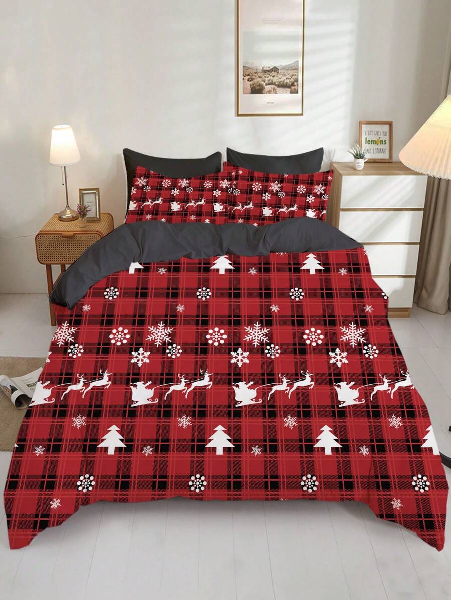 3 Stücke Bettwäsche-Set mit Weihnachts-Motiv, karierter Hirsch Schneeflocke Bettwäsche-Set, weich, komfortabel und atmungsaktiv, für Schlafzimmer und Gästezimmer Dekoration (1*Bettbezug + 2*Kissenbezüge, ohne Füllung)