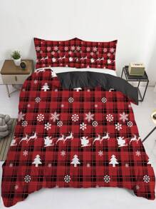 3 Stücke Bettwäsche-Set mit Weihnachts-Motiv, karierter Hirsch Schneeflocke Bettwäsche-Set, weich, komfortabel und atmungsaktiv, für Schlafzimmer und Gästezimmer Dekoration (1*Bettbezug + 2*Kissenbezüge, ohne Füllung)