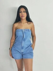 Denim Jumpsuit With Buttons, Romper, Short Jumpsuit - 藍色 - 查看 4