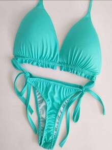 Biquini  Feminina Com Duas Peças Amaraçao nas Costa e no Pescoço Calsinha  Com Amaraçao nas Lateral - Verde Menta - Visão 2