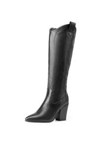 Embroidered Western Cowboy Boots For Women, Pull On Zipper Chunky Heel Pointed Toe Comfortable Classic Cowgirl Knee High Boots - 黑色 - 查看 5