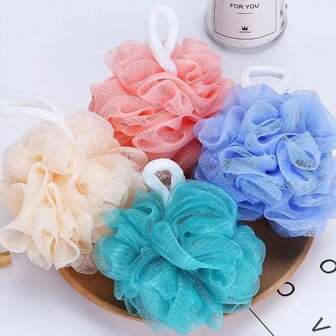 4pcs/Set Cute Solid Color Bath Ball, Sponge Bath Pouf, Random Color Mesh Bath Scrubber, Wholesale