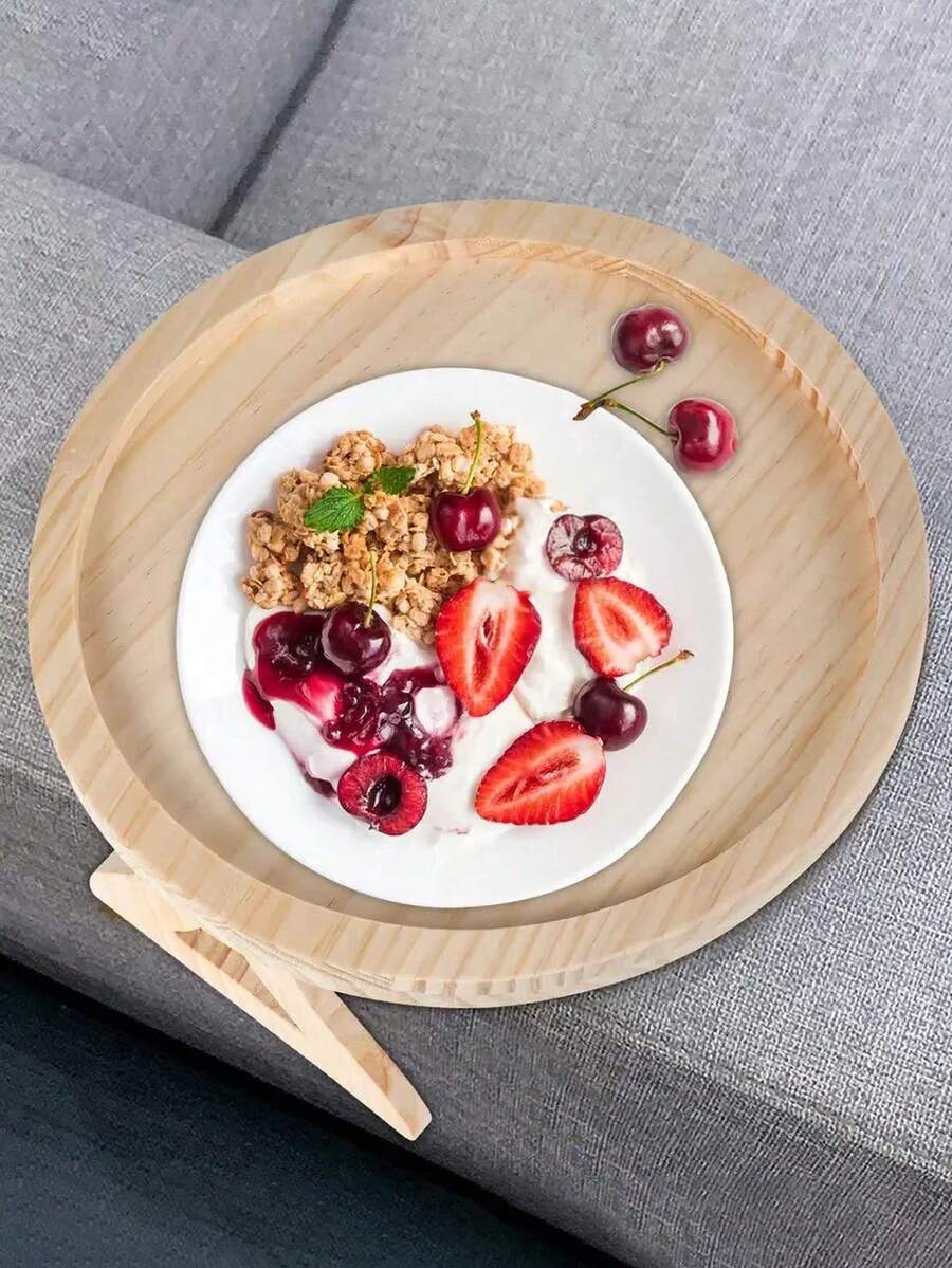 1pc Circular Sofa Armrest Tray, Living Room Snack Tray, Wooden Portable