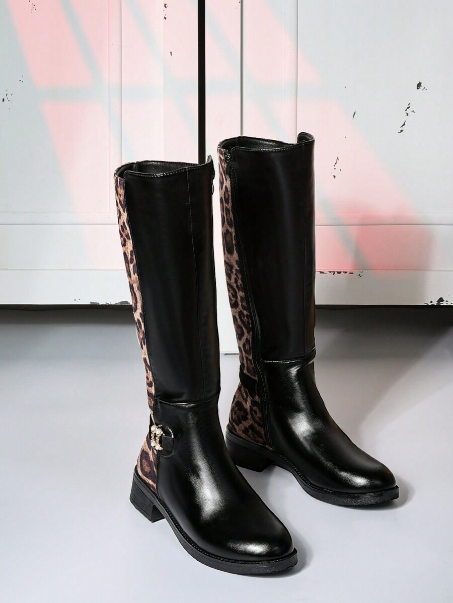 Women's Leopard Printed British Style Patchwork MidCalf Riding Boots