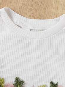 女童秋季甜美连衣裙 3D 花卉贴花长袖圆领罗纹薄纱拼布 A 字裙 - 白色 - 查看 4