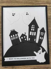 1/2 件万圣节房屋和鬼魂金属切割模具模板，用于制作纸卡剪贴簿 DIY 工艺品装饰品 - 銀色 - 查看 3