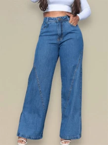 Women's Wide Leg Jeans - 深色水洗藍 - 查看 2