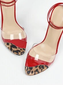 Women Leopard Print Transparent Glass Strap Ankle Strap Round Toe Stiletto High Heel Sandals, Glossy Leather, Stylish Party Dress Shoes In Red