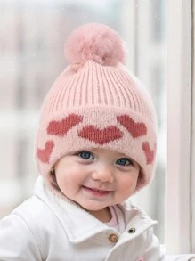 1 件婴儿绒球无檐小便帽、心形帽、护耳帽、舒适针织冬季温暖心形可爱儿童帽、户外配饰、冬季婴儿帽 - 1PC - 查看 13