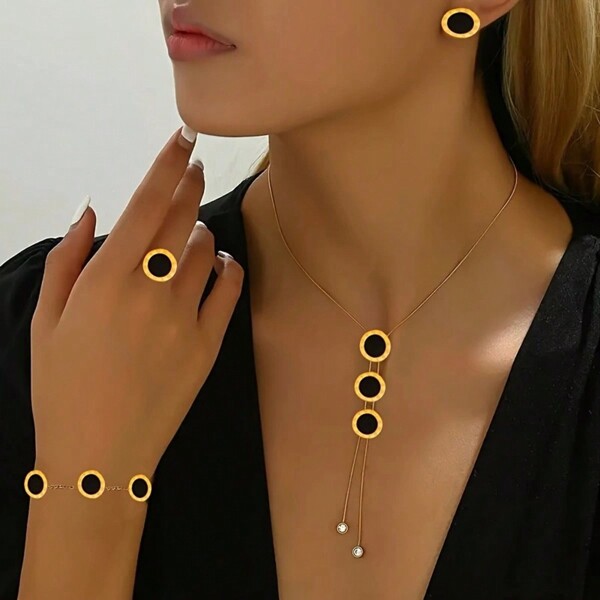 5pcs/Set Stainless Steel Roman Numeral Jewelry Set: 2pcs Earrings + 1pc Necklace + 1pc Bracelet + 1pc Adjustable Ring, Classic Fashion Design