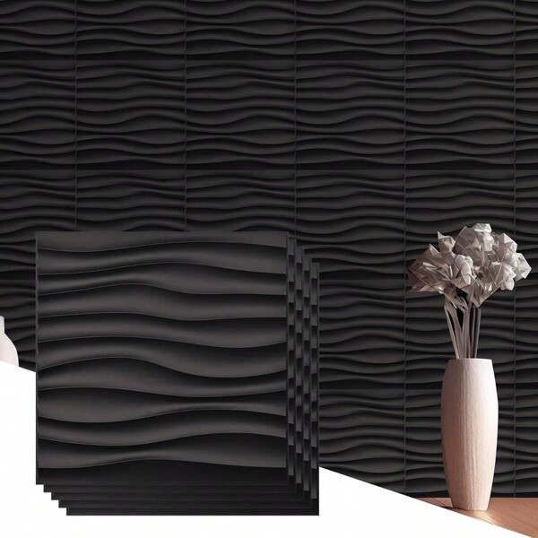 Wellen-Muster 3D dekorative Wandpaneele, 30cm x 30cm, weiß/schwarz, DIY Heim-Dekoration geprägte Wandaufkleber Tapete Wandsticker Raumdekor Wanddekoration