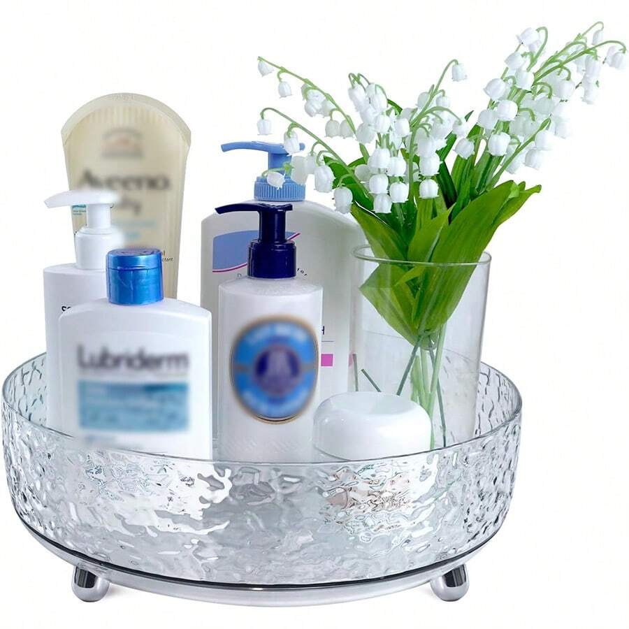 1 khay đựng đồ trang điểm xoay 360 độ, có giá đựng cọ trang điểm & kệ đựng mỹ phẩm & chăm sóc da dung tích lớn, thích hợp cho bàn trang điểm hoặc phòng tắm - Trong sáng - Xem 1