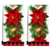 2 件花卉图案厨房洗碗布，节日厨房装饰适合圣诞节、新年家居和派对装饰，18*26 英寸 - 玫瑰紅 - 查看 7