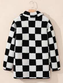 Black & White Plaid Side Pockets Turndown Collar Button Fleece Jacket - Black - View 6