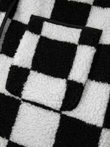Black & White Plaid Side Pockets Turndown Collar Button Fleece Jacket - Black - View 9