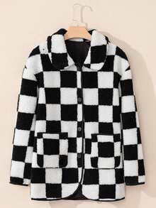 Black & White Plaid Side Pockets Turndown Collar Button Fleece Jacket - Black - View 5
