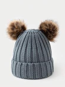 1 件女士时尚双绒球针织无檐小便帽，温暖且适合秋冬季休闲穿着冬季圣诞节无檐小便帽 - 彩色 - 查看 7