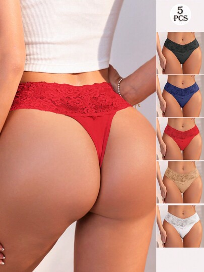 5PCS Mulheres Sexy Sólido Cintura Baixa Lingerie G-String Underwear Patchwork Floral Renda Tangas Calcinhas (Vermelho Azul Damasco Preto Branco 5 Cores)
