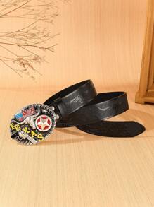 1pc Black Universal Western Style Bull-Head Buckle Casual Bohemian PU Leather Belt, Durable & Versatile For Daily Wear With Jeans - Black - View 8