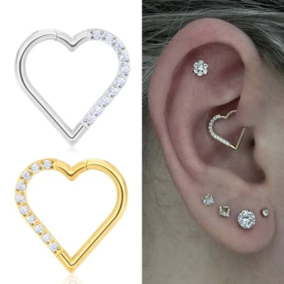 1 件镀金 16G 鼻环 Rook Daith 穿孔耳环心形锆石耳软骨耳屏珠宝适合女士女孩情人节、妈妈、母亲、母亲节、礼物