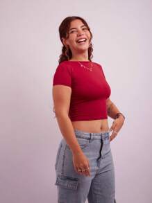 Cropped Open Back Nude Women's Baby Tee Look Open Back Polyamide - Burgundy - View 4