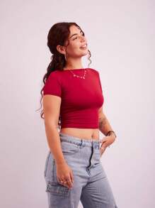 Cropped Open Back Nude Women's Baby Tee Look Open Back Polyamide - Burgundy - View 5