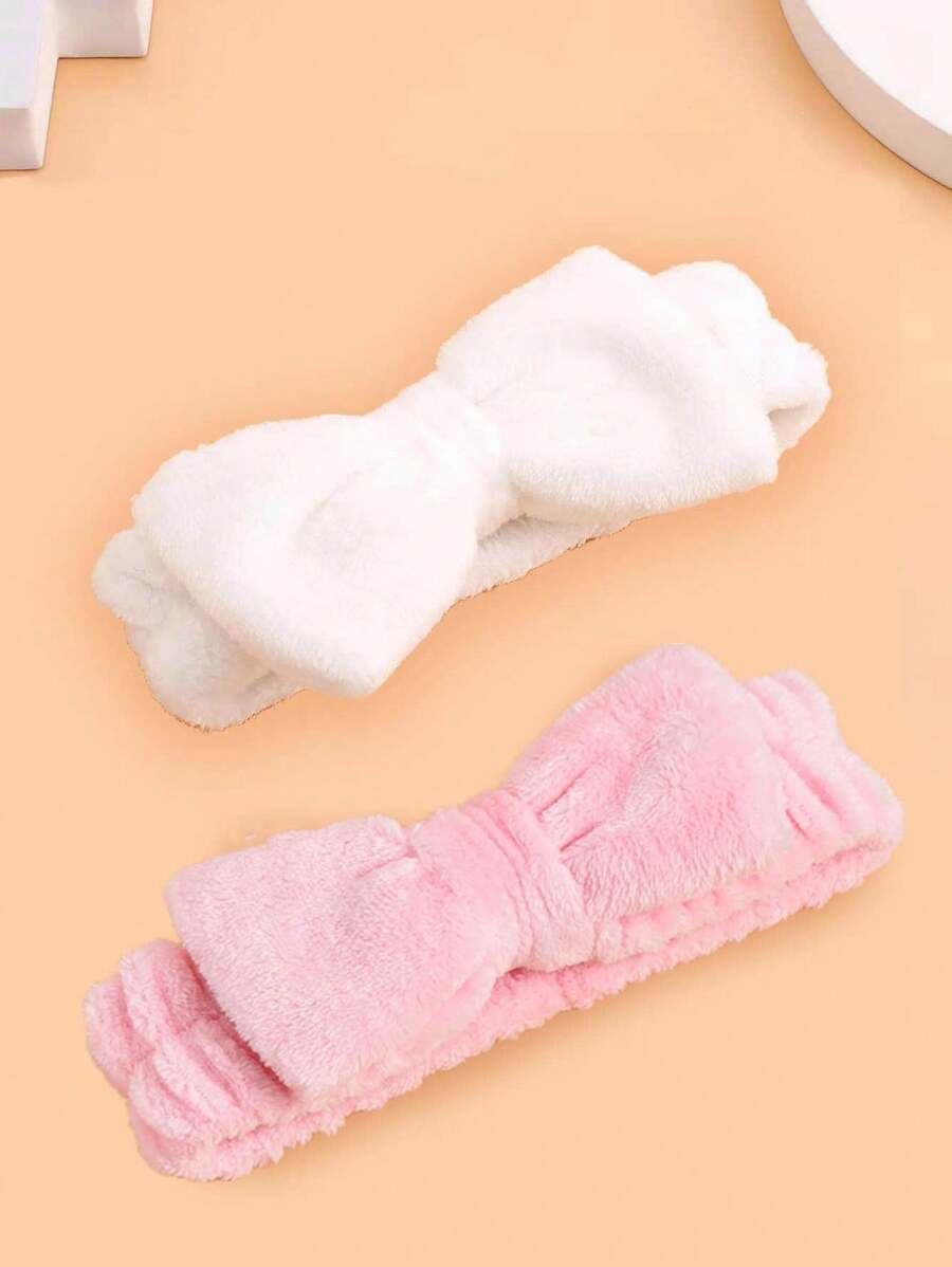 2入組素色沐浴蝴蝶結裝飾滌綸長毛絨面部彩妝髮箍