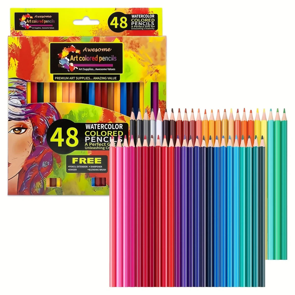 Ensemble de 48 crayons de couleur à l'aquarelle avec un bloc de papier