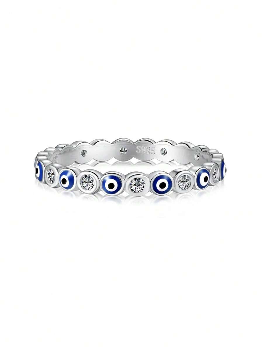 1 Stück 925 Sterling Silber überzogener Platin Europäischer & Amerikanischer Klassischer Farbiger Emaille Teufelsauge Zirkonia Ring, geeignet als Geschenk, für Dates, Partys, täglichen Gebrauch, hochwertiger Schmuck für Frauen - Teufelsaugenring - Übersicht 1