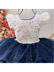 CHILDREN'S Navy Blue And  Bridesmaid Dress For Wedding Party Luxury WITH HAIR TIARA D5008 - Màu xanh hải quân - Xem 8
