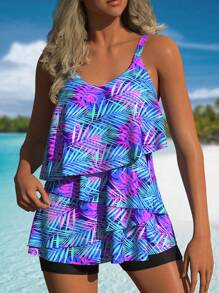 2 Piece Leaf Print Ruffled Tankini Set - Asymmetric Cami Top With Ruffle Details, Plain Boxer Shorts - Women's Swimwear, Comfortable And Flattering Swimsuits For Beach Vacation - 藍色 - 查看 1