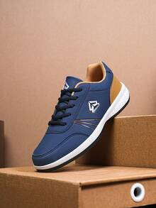 男士春秋低帮蓝色真皮运动休闲鞋，舒适时尚 - 藍色 - 查看 6