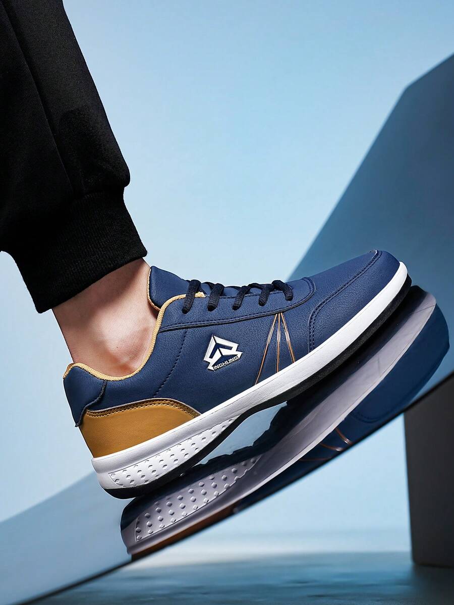 男士春秋低帮蓝色真皮运动休闲鞋，舒适时尚 - 藍色 - 查看 1
