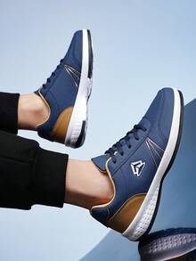 男士春秋低帮蓝色真皮运动休闲鞋，舒适时尚 - 藍色 - 查看 5