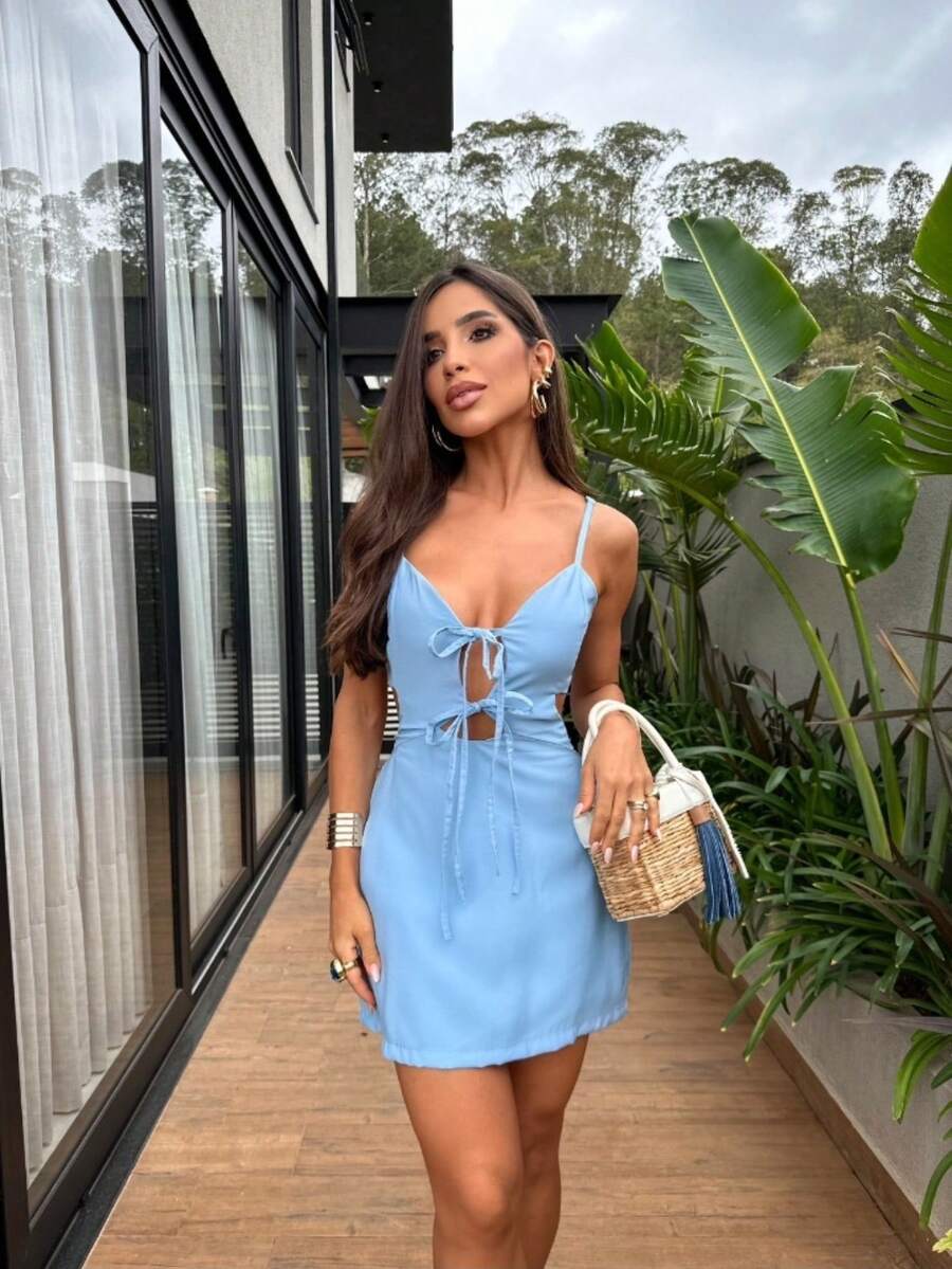 GiGil Women's Jumpsuit With Cutout At The Waist And Tie For Summer - Màu xanh nhạt - Xem 1