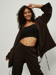 Conjunto de cardigan de manga larga y pantalones sueltos y casuales con cinturón para mujer - Café integral - Ver 8