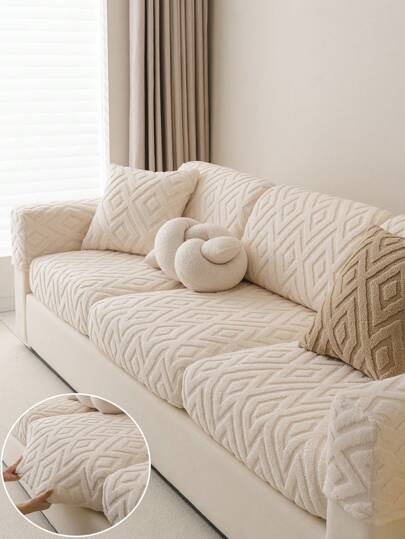 1pc Thick Warm Plush Jacquard Anti-Slip Sofa Seat Cushion Cover, Modern Soft Breathable Pet Proof Elastic Sofa Slipcover, Autumn/Winter Pet Half Wrap Sofa Seat Pad, Anti-Scratch Sofa Skirt Fits L-Shaped Combination Sofa And 1/2/3/4 Seat Sofa (One Piece)